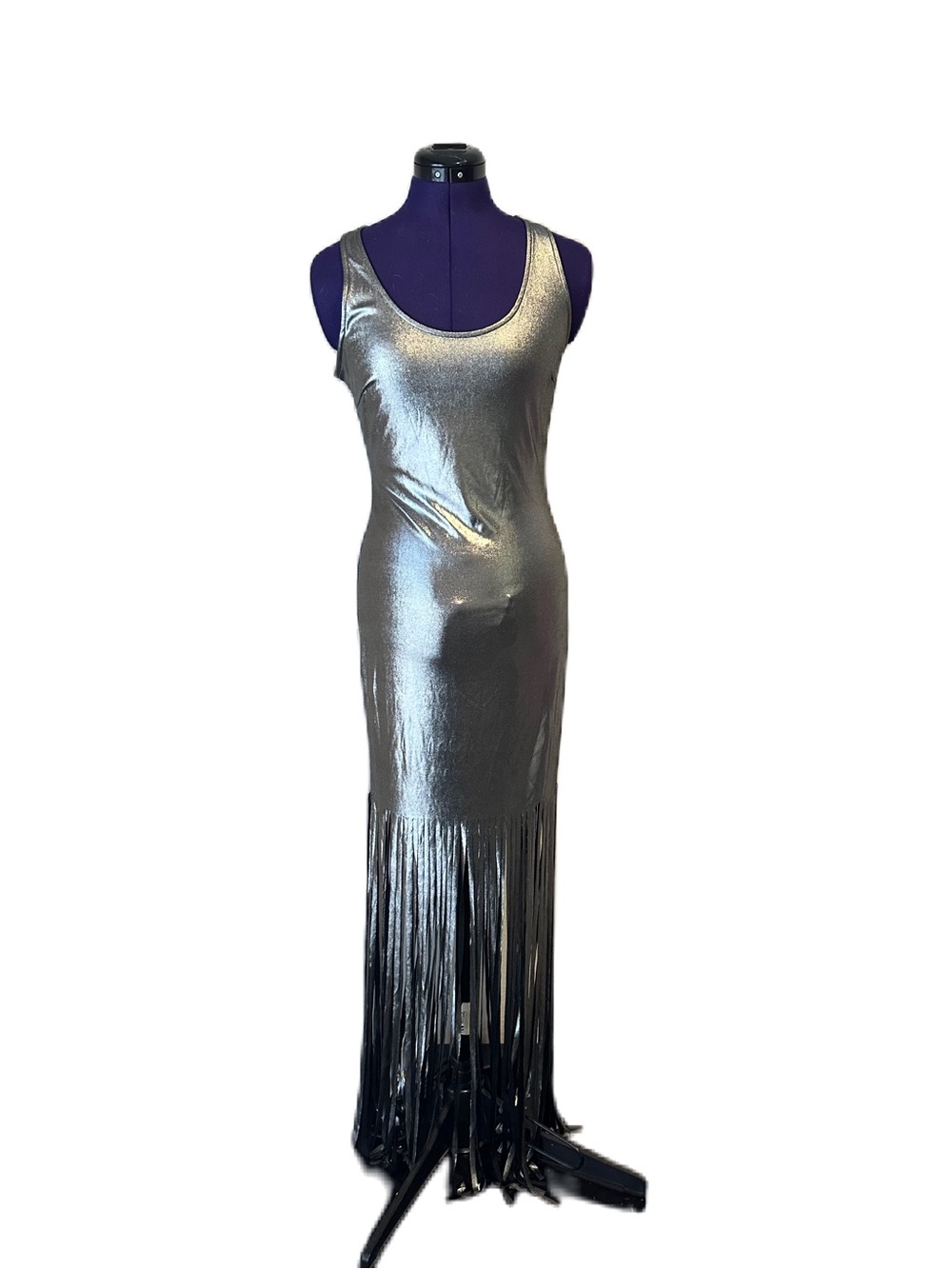 Venus Shiny Metallic Silver Fringe Maxi Dress
